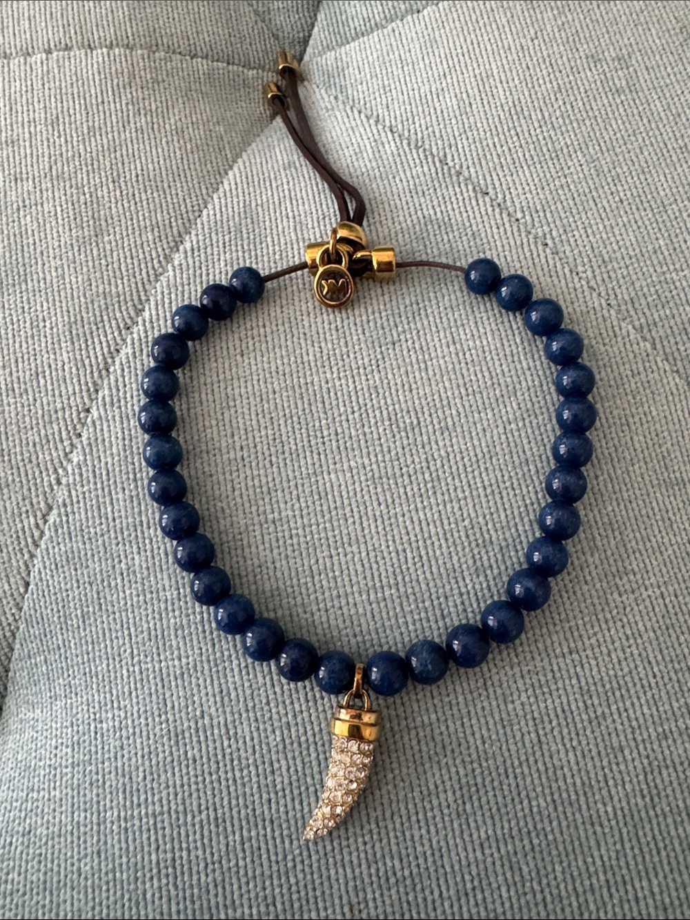 Michael Kors Blue Beaded Adjustable Bracelet Gold Pavé Horn Charm